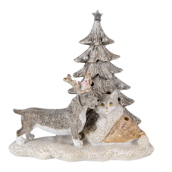 Clayre & Eef | Decoratie Beeld Kat en Hond Grijs, Beige, Wit 16x10x15 cm LED | 6PR4631