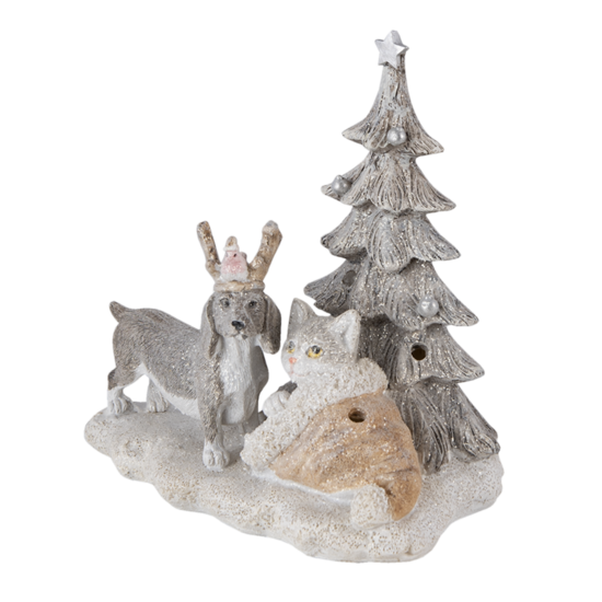 Clayre & Eef | Decoratie Beeld Kat en Hond Grijs, Beige, Wit 16x10x15 cm LED | 6PR4631