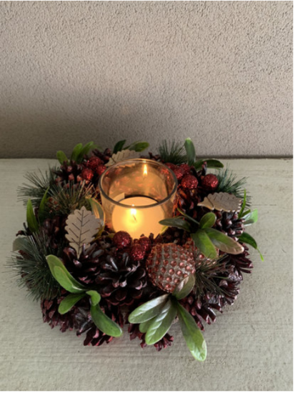 Kerstkrans / stuk 25 cm rond bordeaux rood 1 theelichthouder & dennenappels groen blad | La Galleria | NFT-85064 1