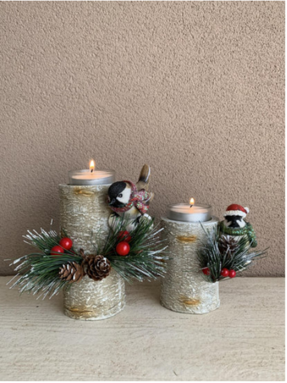 Set van 2 Kandelaar boomstronk met vogel groot & klein 14 cm / 11 cm theelichthouder | La Galleria | TPI-17572