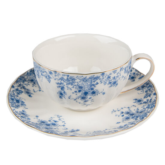 Clayre & Eef | Kop en schotel Wit, Blauw 12x9x5 cm / ø 15x2 cm / 200 mll | BFLTKS