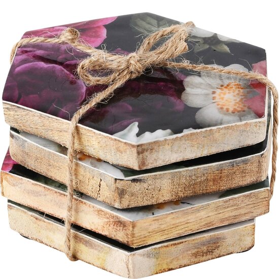 Dekoratief | Set 4 coaster 'Flowers Opulence', hout, 10x10x1cm | A228097