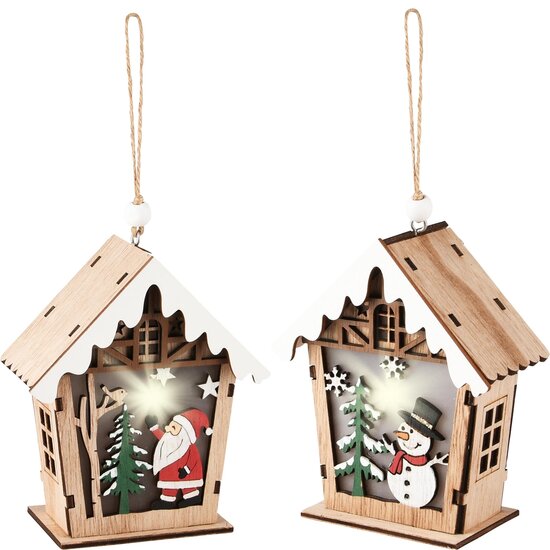 Dekoratief | Hanger huisje m/santa/sneeuwman, hout, LED, 10x5x11cm, set van 2 stuks | A235556