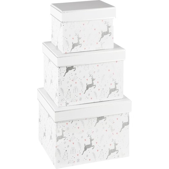Dekoratief | Set 3 dozen vierkant 'Dancing Reindeer', wit/zilver, 18x18x14cm (4+2 GRATIS? | A235597