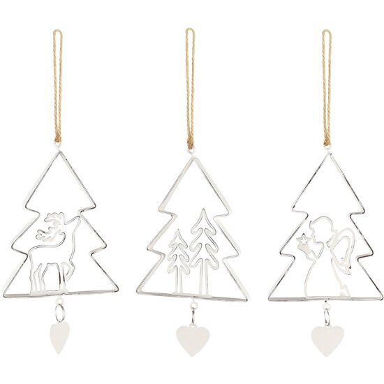 Dekoratief | Hanger boomje m/engel/hert/boompje, wit, metaal, 9x1x11cm, set van 3 stuks | A235670