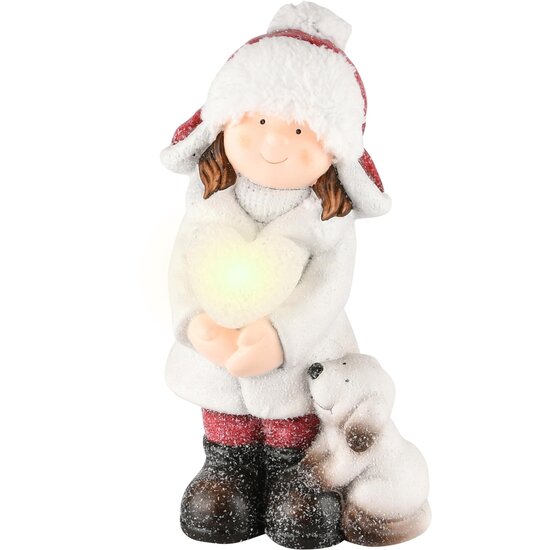 Dekoratief | Wintermeisje staand m/puppy, keramiek, LED, 15x10x28cm | A235779