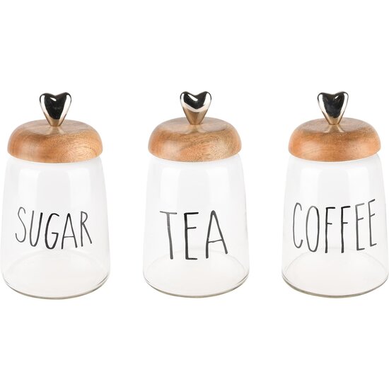 Dekoratief | Bewaarpot Coffee/Sugar/Tea, glas/hout, 13x13x20cm, set van 3 stuks | A238211