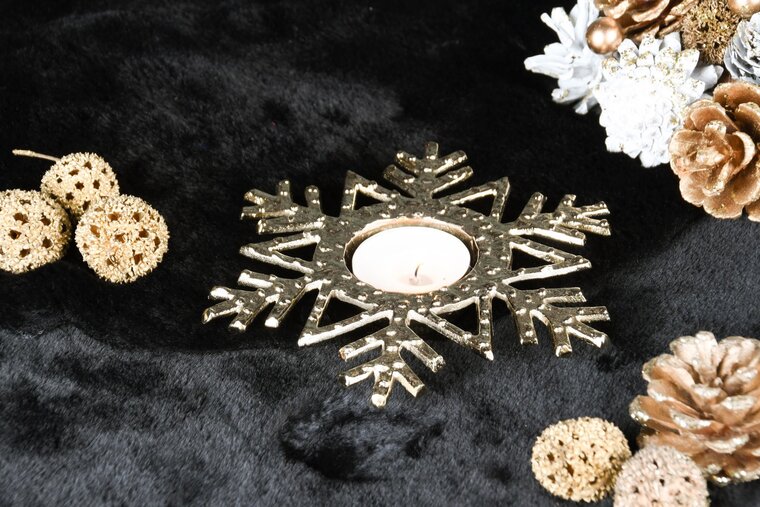 Dekoratief | Theelichthouder 'Snowflake', goud, aluminium, 15x15x2cm | A238309
