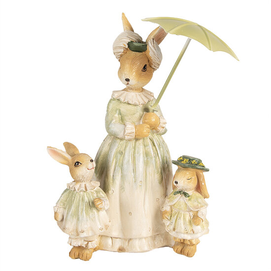 Clayre & Eef | Decoratie Beeld Konijnen met paraplu Bruin Groen 16x11x21 cm | 6PR5023