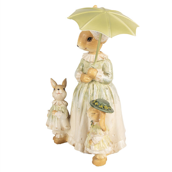 Clayre & Eef | Decoratie Beeld Konijnen met paraplu Bruin Groen 16x11x21 cm | 6PR5023