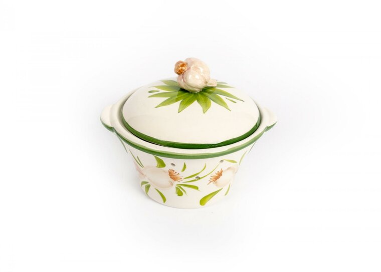 Knoflookpot met knoflookje op de deksel 15 x 20 cm wit groen aardewerk | FLK00 | Piccobella Italiaans Servies