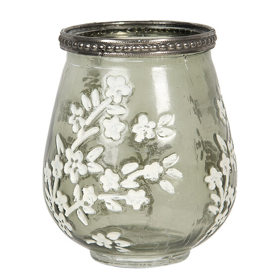 Clayre & Eef | Glazen Theelichthouder Bloemen Groen ø 9x11 cm | 6GL2876