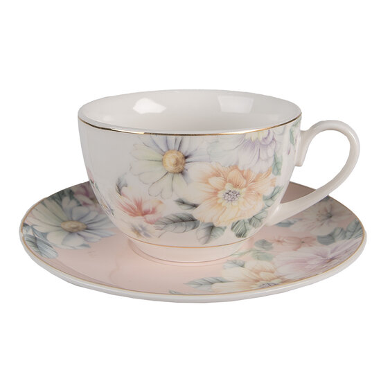 Clayre & Eef | Kop en schotel Roze, Wit 12x9x6 cm / ø 15x2 cm / 250 ml | FLOKS