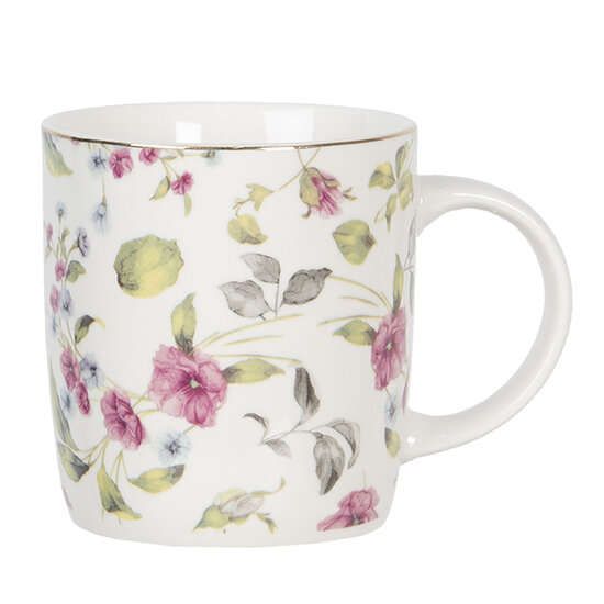 Clayre & Eef | Servies Mok Wit Roze 12x9x11 cm / 350 ml | POPMU