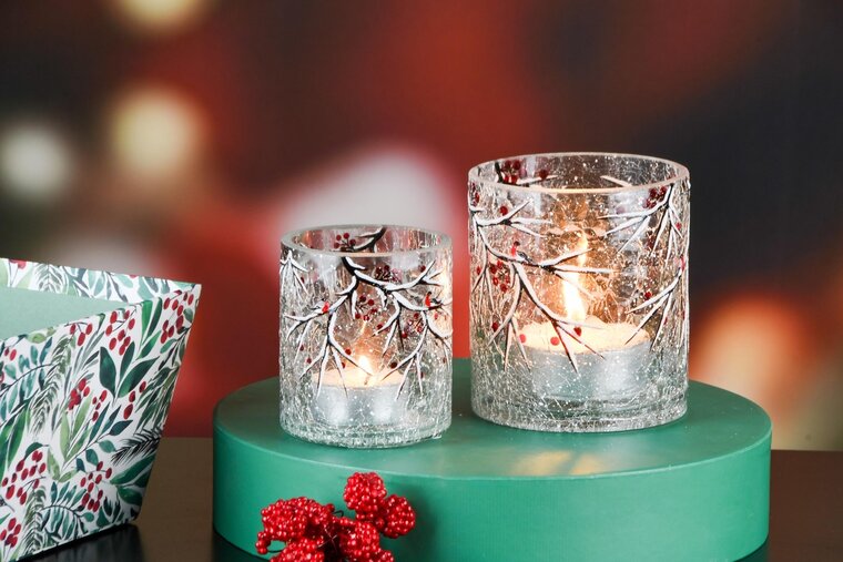 Dekoratief | Set 2 theelichthouders 'Winter Berries', glas, 9x9x10cm | A245071