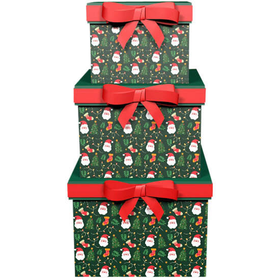 Dekoratief | Set 3 dozen vierkant 'Jolly Santa', 18x18x14cm | A245227