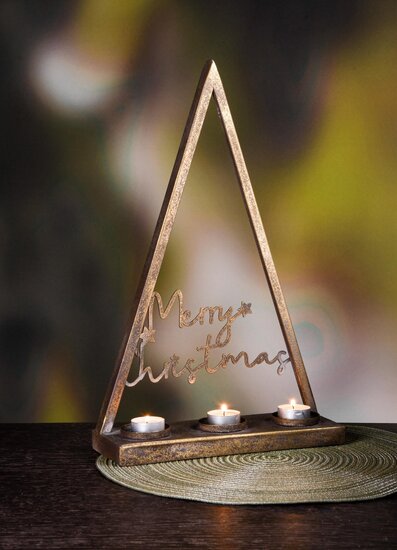 Dekoratief | Theelichthouder boom 'Merry Christmas', brons, metaal, 27x10x43cm | A245465