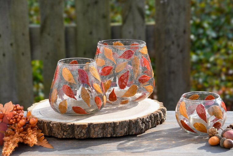 Dekoratief | Theelichthouder 'Red Leaf', glas, 11x11x7cm | A248006