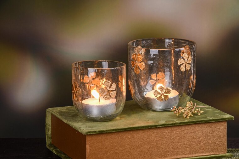 Dekoratief | Set 2 theelichthouders 'Golden Flower', glas, 12x12x12cm | A248011