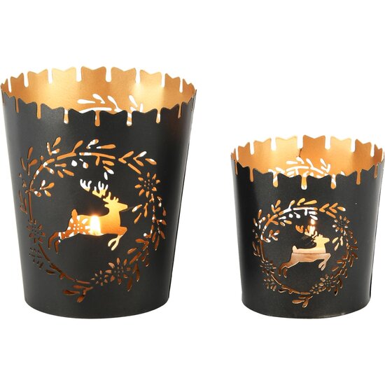 Dekoratief | Set 2 theelichthouders 'Deer in Wreath', zwart/goud, 10x10x11cm | A248135