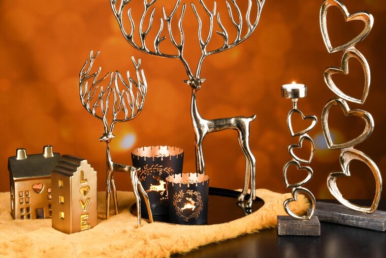 Dekoratief | Set 2 theelichthouders 'Deer in Wreath', zwart/goud, 10x10x11cm | A248135