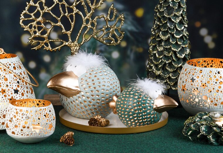 Dekoratief | Set 2 theelichthouders 'Stars', groen/goud, metaal/enamel, 14x14x13cm | A248279