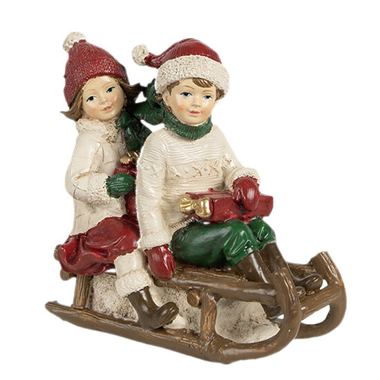 Clayre & Eef | Decoratie kinderen op slee Beige rood 12x6x11 cm | 6PR4182
