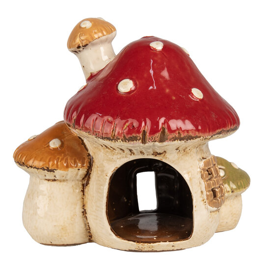 Clayre & Eef | Theelichthouder Kerst Huisje Beige Rood 17x12x16 cm | 6CE1876