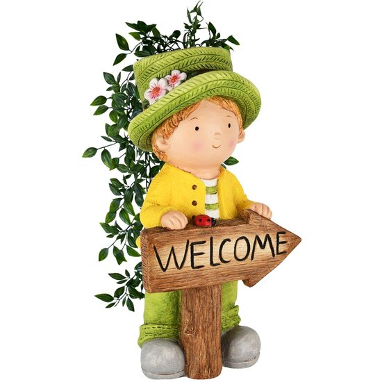 Dekoratief | Jongen staand 'Welcome', geel/groen, magnesium, 25x19x47cm | A250771