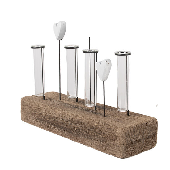 Clayre & Eef | Glazen Vaasjes in Houder Bruin Wit 30x9x23 cm | 6H2432