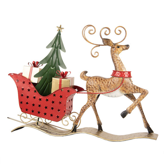 Clayre &amp; Eef   | Decoratie Rendier met slee Bruin Rood 68x11x50 cm | 5Y1302