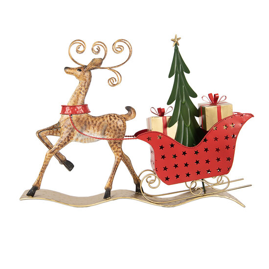Clayre &amp; Eef   | Decoratie Rendier met slee Bruin Rood 68x11x50 cm | 5Y1302