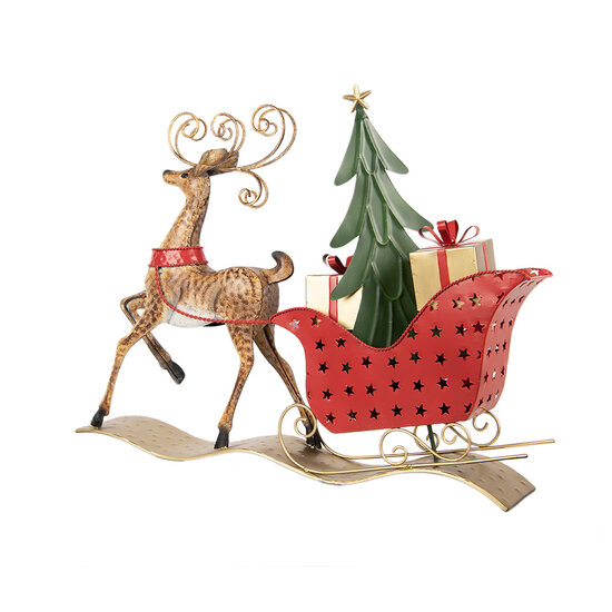 Clayre &amp; Eef   | Decoratie Rendier met slee Bruin Rood 68x11x50 cm | 5Y1302