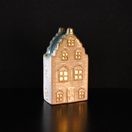 Dekoratief | Deco huisje, wit/blauw, porselein, LED, 9x5x15cm | A255114