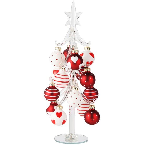 Dekoratief | Kerstboompje m/balletjes, rood/wit/transparant, glas, 9x9x26cm | A255295
