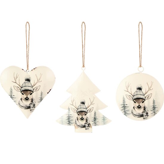 Dekoratief | Hanger hartje/boompje/bal 'Winter Deer', metaal, 12x14x1cm, set van 3 stuks | A255477