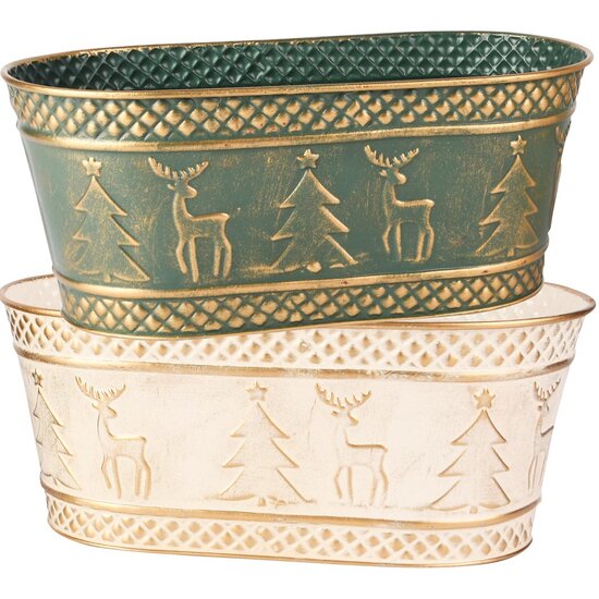 Dekoratief | Bloempot ovaal &#039;Deer &amp; Tree&#039;, groen/wit, metaal, 26x14x11cm, set van 2 stuks | A255576