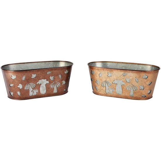 Dekoratief | Bloempot ovaal &#039;Mushrooms&#039;, bruin, metaal, 26x14x11cm, set van 2 stuks | A255577