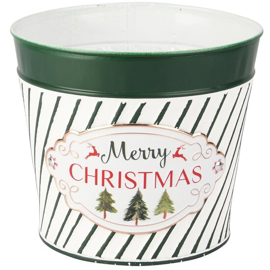 Dekoratief | Bloempot 'Merry Christmas', wit/groen, metaal, 15x15x13cm | A255908