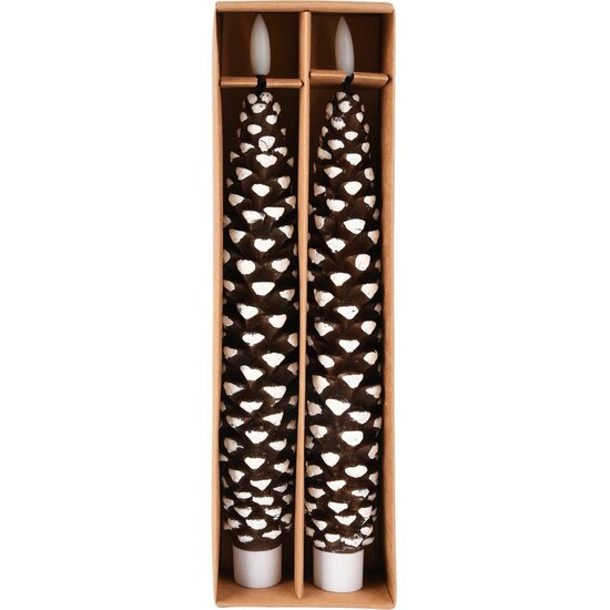Dekoratief | Box 2 kaarsen 'Pinecone', bruin/wit, LED, 4x4x25cm | A255945
