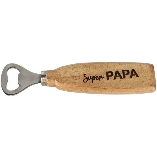 Dekoratief | Flessenopener 'Super Papa', naturel, hout/metaal, 17x4x2cm | A258040