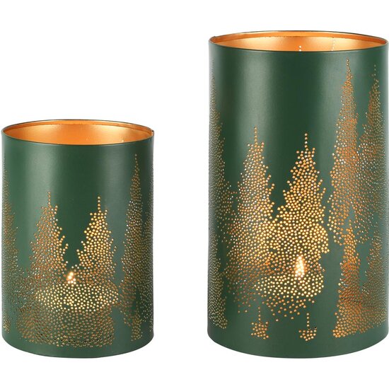 Dekoratief | Set 2 Waxinelichthouders &#039;Mystery Forest&#039;, groen/goud, metaal, 12x12x20cm | A258092