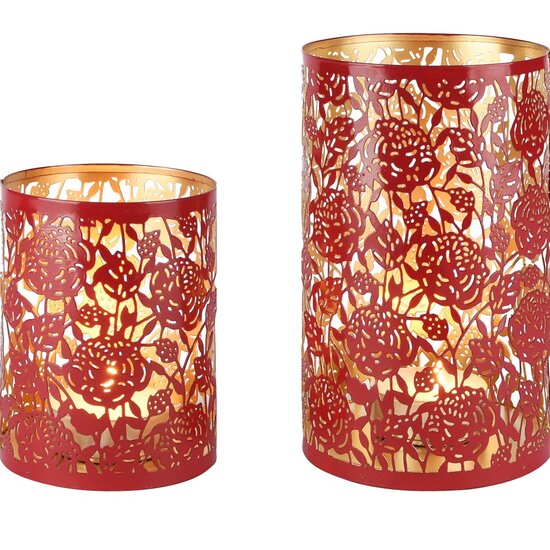 Dekoratief | Set 2 Waxinelichthouders &#039;Wild Roses&#039;, rood/goud, metaal, 12x12x20cm | A258093