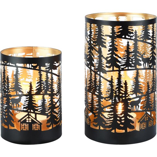 Dekoratief | Set 2 Waxinelichthouders &#039;Majestic Evergreen&#039;, zwart/goud, metaal, 12x12x20cm | A258095