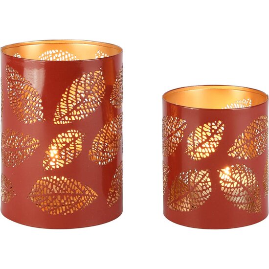 Dekoratief | Set 2 Waxinelichthouders &#039;Elliptical Leaves&#039;, rood/goud, metaal, 10x10x14cm | A258096