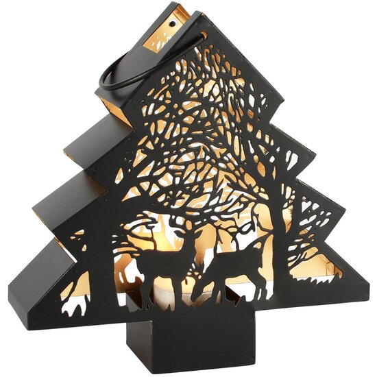 Dekoratief | Windlicht boom &#039;Forest Reindeer&#039;, zwart/goud, metaal, 20x5x20cm | A258099