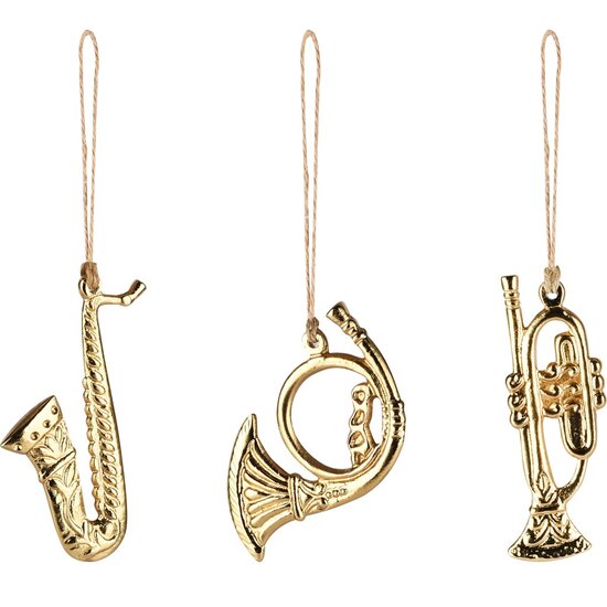 Dekoratief | Hanger trompet/saxofoon/hoorn, goud, metaal, 12x12x5cm, set van 3 stuks | A258134