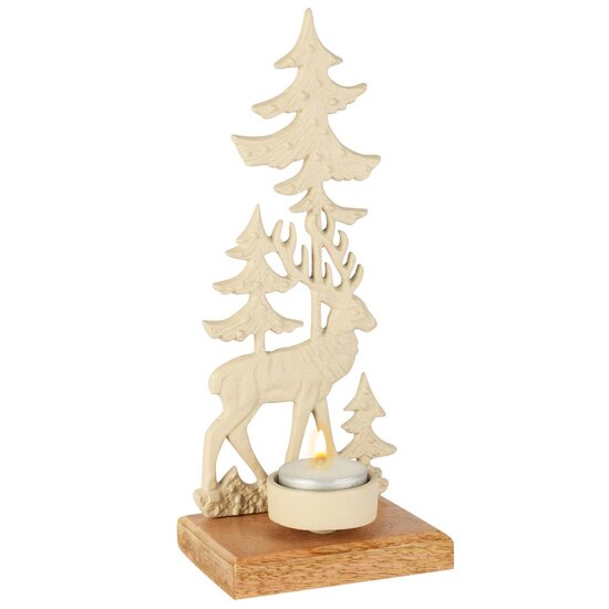 Dekoratief | Theelichthouder hert m/bomen, cr?me, aluminium/hout, 10x8x23cm | A258137