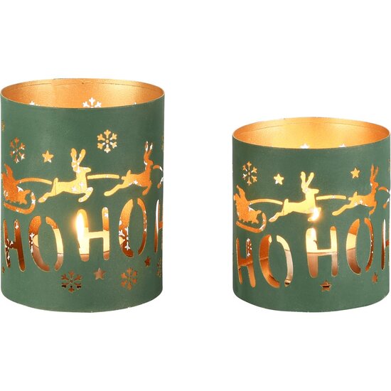 Dekoratief | Set 2 Waxinelichthouders &#039;Santa Sleigh&#039;, groen/goud, metaal, 11x11x13cm | A258152