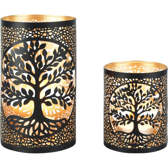 Dekoratief | Set 2 Waxinelichthouders &#039;Arbre de Vie&#039;, zwart/goud, metaal, 12x12x21cm | A258160